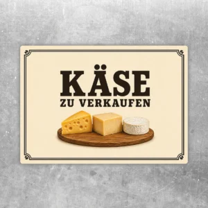 Beiger Käse zu verkaufen Aufkleber mit Käseabbildung und schwarzer Schrift im Querformat für Verkauf und Direktvermarktung.
