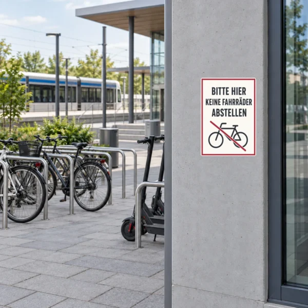 KI-generiertes Anwendungsbeispiel: Bitte hier keine Fahrräder abstellen Aufkleber auf grauer Oberfläche mit rotem Verbotsmotiv.