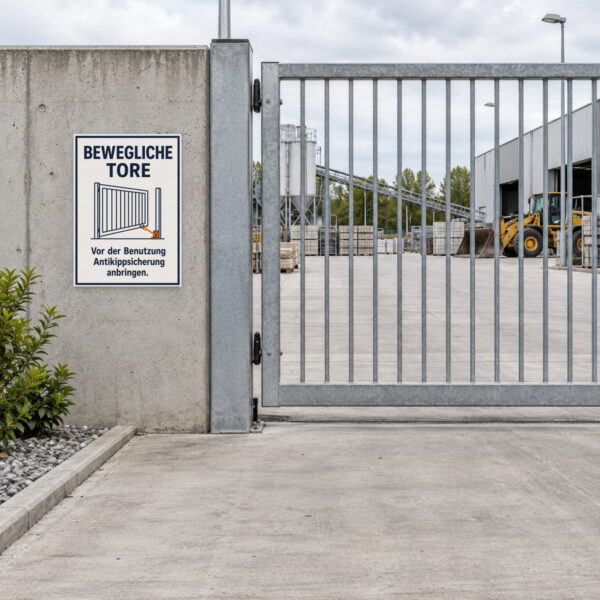 KI-generiertes Anwendungsbeispiel: Warnschild für bewegliche Tore mit Hinweis, vor der Nutzung die Antikippsicherung anzubringen.
