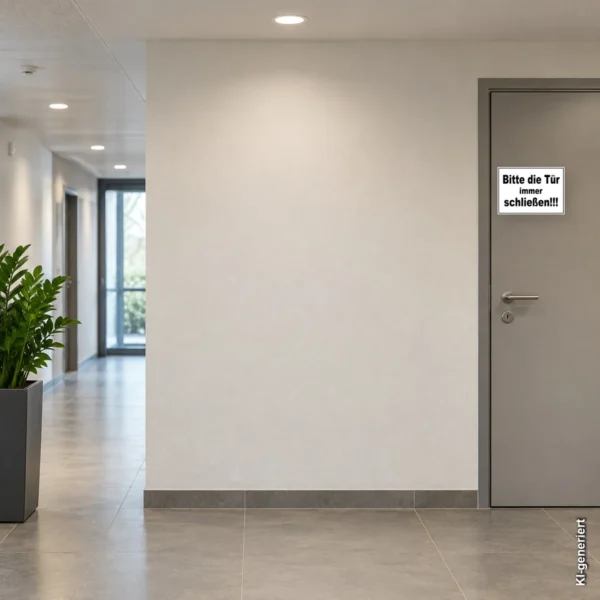 KI-generiertes Anwendungsbeispiel: Aufkleber mit dem Text „Bitte die Tür immer schließen“ an einer Tür im Innenbereich angebracht.