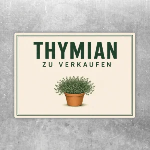 Thymian zu verkaufen Aufkleber im Querformat mit grünem Schriftzug, Kräutertopf und cremefarbenem Hintergrund.