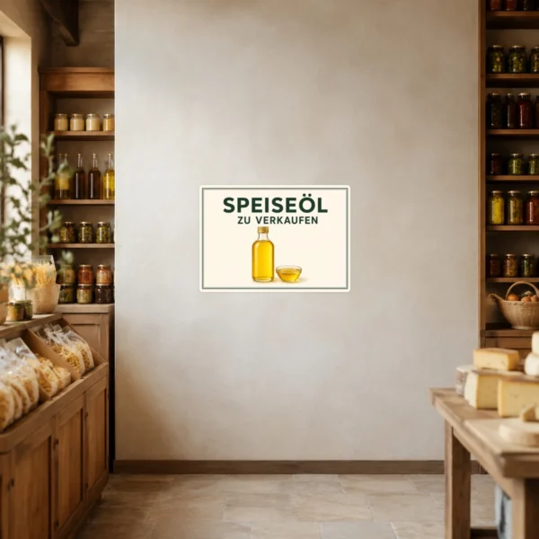 KI-generiertes Anwendungsbeispiel: Speiseöl zu verkaufen Aufkleber auf einer glatten Verkaufstheke mit Flaschenmotiv in Creme, Grün und Gold.