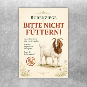 Burenziege bitte nicht füttern Aufkleber im Hochformat mit Ziegenmotiv, deutlichem Hinweistext und floralen Details in Braun, Creme und Grün.