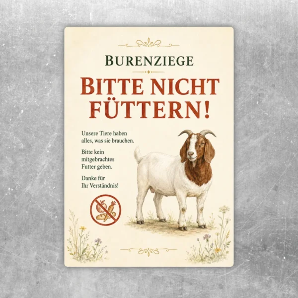 Burenziege bitte nicht füttern Aufkleber im Hochformat mit Ziegenmotiv, deutlichem Hinweistext und floralen Details in Braun, Creme und Grün.