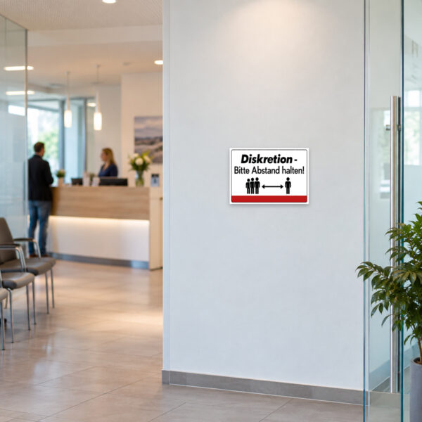 KI-generiertes Anwendungsbeispiel: Diskretion Schild „Bitte Abstand halten!“ als Hinweisschild für Empfang oder Wartebereich.