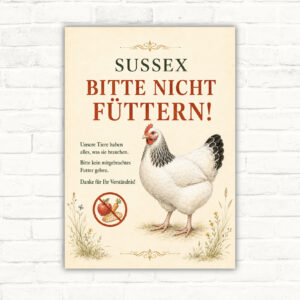 Bitte nicht füttern Schild mit Sussex-Huhn und klassischem Hinweistext als landwirtschaftliches Hinweisschild.