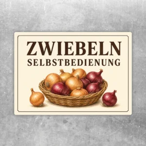Zwiebeln Selbstbedienung Aufkleber mit Korb voller Zwiebeln in warmen Naturfarben für Hofladen und Direktverkauf.