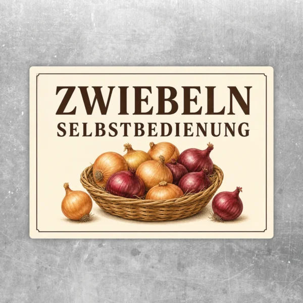 Zwiebeln Selbstbedienung Aufkleber mit Korb voller Zwiebeln in warmen Naturfarben für Hofladen und Direktverkauf.