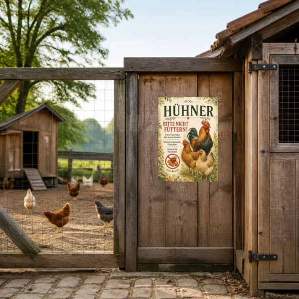 KI-generiertes Anwendungsbeispiel: Hühner bitte nicht füttern Aufkleber an einer Hofwand mit Hühnermotiv und rotem Futterverbotssymbol.