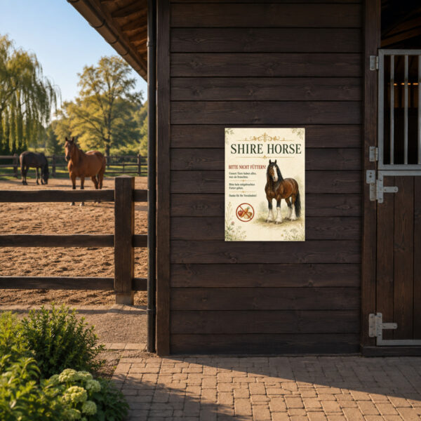 KI-generiertes Anwendungsbeispiel: Bitte nicht füttern Schild mit Shire-Horse-Motiv als Stall- und Weidehinweis.