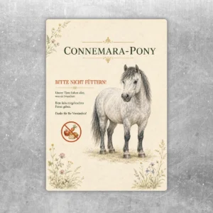 Bitte nicht füttern Aufkleber mit Connemara-Pony, floraler Deko und klarer Hinweisbeschriftung für Stall und Weide.
