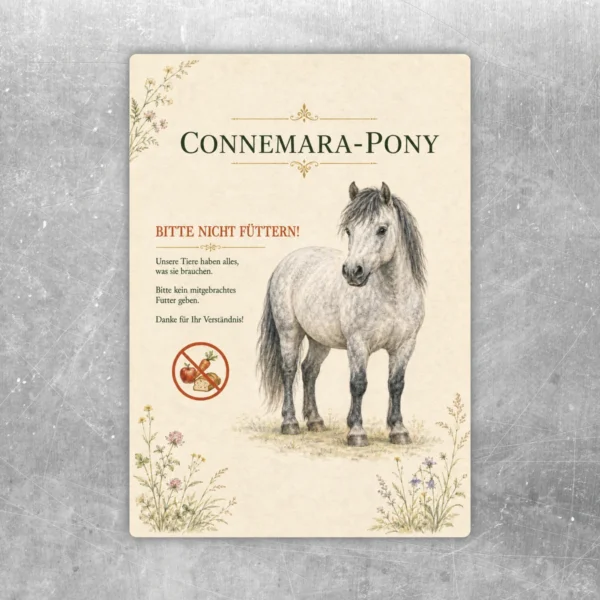 Bitte nicht füttern Aufkleber mit Connemara-Pony, floraler Deko und klarer Hinweisbeschriftung für Stall und Weide.
