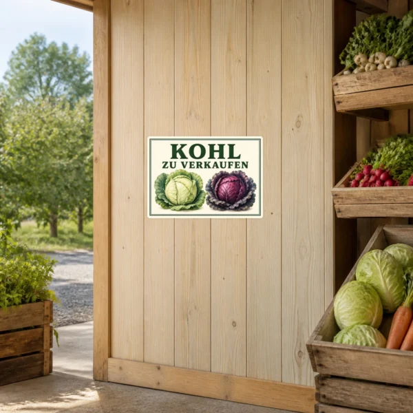KI-generiertes Anwendungsbeispiel: Kohl zu verkaufen Aufkleber mit zwei Kohlköpfen, platziert an einer glatten Verkaufsfläche im Hofladen