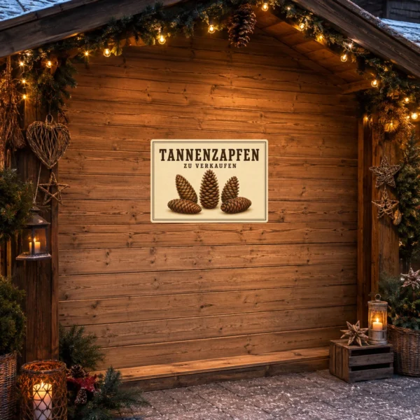 KI-generiertes Anwendungsbeispiel: Tannenzapfen zu verkaufen Aufkleber auf einer glatten Verkaufsbox im rustikalen Naturwaren-Stand.