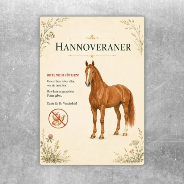 Aufkleber mit Hannoveraner-Pferd und dem Hinweis Bitte nicht füttern in beige-grüner Hofoptik.