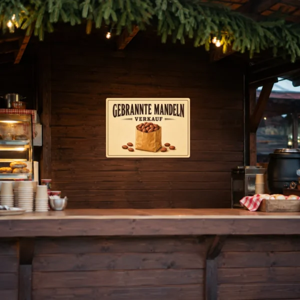 KI-generiertes Anwendungsbeispiel: Gebrannte Mandeln Verkauf Aufkleber auf einer Marktstand-Front mit warmem, appetitlichem Motiv.