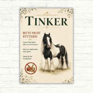 Bitte nicht füttern Schild mit Tinker-Pferd und Fütterungshinweis als dekoratives Hinweisschild für Stall und Weide.