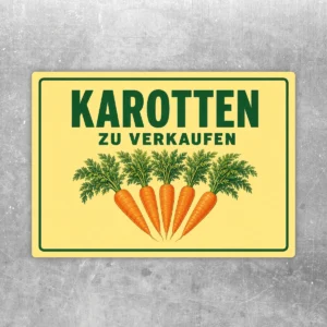 Karotten zu verkaufen Aufkleber in Gelb, Grün und Orange mit Karottenmotiv für Hofladen und Marktstand.