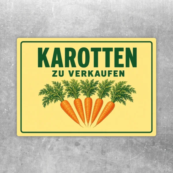 Karotten zu verkaufen Aufkleber in Gelb, Grün und Orange mit Karottenmotiv für Hofladen und Marktstand.