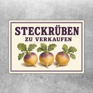 Querformatiger Aufkleber mit Steckrüben und dem Text „Steckrüben zu verkaufen“ in violetter Vintage-Optik.