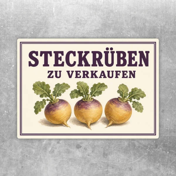 Querformatiger Aufkleber mit Steckrüben und dem Text „Steckrüben zu verkaufen“ in violetter Vintage-Optik.