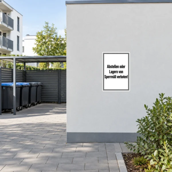 KI-generiertes Anwendungsbeispiel: Sperrmüll verboten Aufkleber an grauer Wand, weiß mit schwarzem Text und Rahmen.