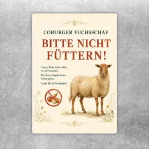 Coburger Fuchsschaf bitte nicht füttern Aufkleber mit Schafmotiv, rotem Hinweistext und cremefarbenem Hintergrund.
