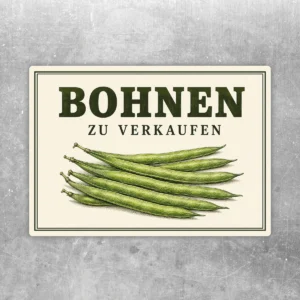 Bohnen zu verkaufen Aufkleber mit grünem Bohnenmotiv und klarer Beschriftung für Hofladen oder Marktstand.