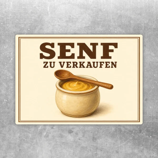 Senf zu verkaufen Aufkleber mit Glas und Löffel in Braun, Beige und Gelb für Verkaufsflächen und Feinkostbereiche.