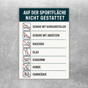 Aufkleber Auf der Sportfläche nicht gestattet mit Piktogrammen für Schuhe, Rauchen, Glas, Hunde und Fahrräder.