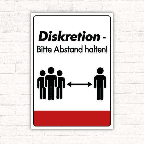 Diskretion Schild „Bitte Abstand halten“ im Hochformat mit gut lesbarem Motiv und klarer Beschriftung als bedrucktes Schild aus Aluminium-Verbundplatte.