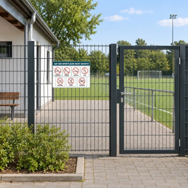 KI-generiertes Anwendungsbeispiel: Aufkleber Sportfläche nicht gestattet mit roten Verbotssymbolen an einem Sportplatzeingang.