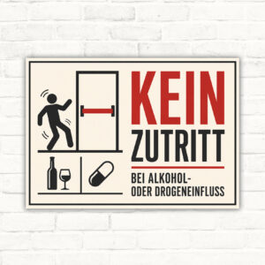Kein Zutritt bei Alkohol- oder Drogeneinfluss Schild mit gut lesbarem Motiv und klarer Beschriftung als bedrucktes Schild aus Aluminium-Verbundplatte.