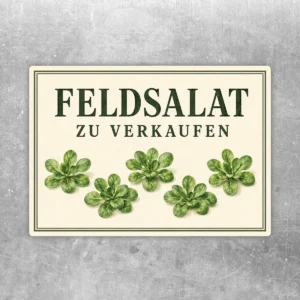 Feldsalat zu verkaufen Aufkleber mit grünem Rahmen, cremefarbenem Hintergrund und mehreren Feldsalat-Illustrationen.