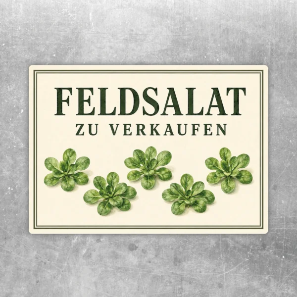 Feldsalat zu verkaufen Aufkleber mit grünem Rahmen, cremefarbenem Hintergrund und mehreren Feldsalat-Illustrationen.
