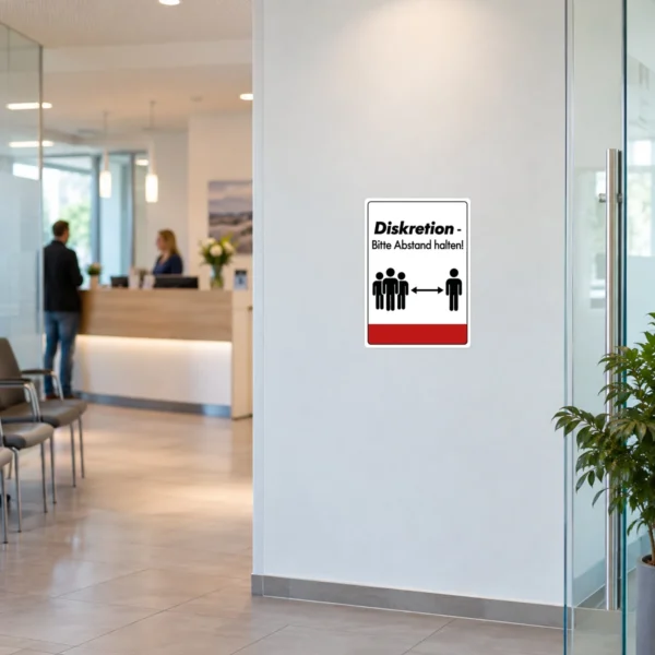 KI-generiertes Anwendungsbeispiel: Diskretion Aufkleber Bitte Abstand halten an einer Empfangsfläche im Wartebereich.