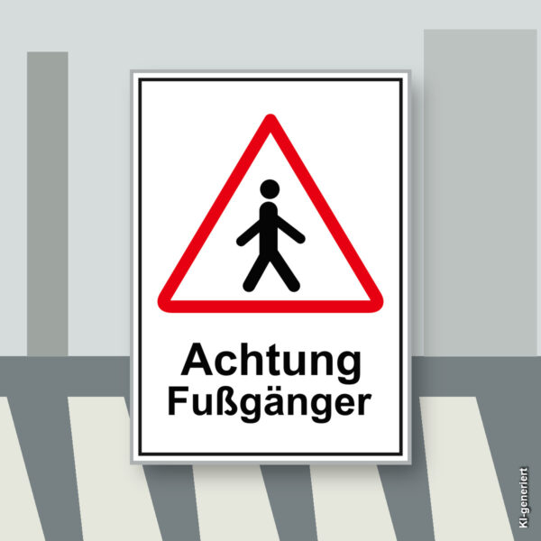 KI-generiertes Anwendungsbeispiel: Warnschild „Achtung Fußgänger“ als Hochformat an einer Hofeinfahrt für mehr Aufmerksamkeit.