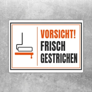 Vorsicht frisch gestrichen Aufkleber im Querformat mit Farbroller-Symbol, orangefarbenem Rahmen und schwarzer Warnschrift.