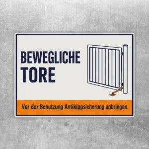 Warnaufkleber Bewegliche Tore mit orangefarbenem Hinweis Vor der Benutzung Antikippsicherung anbringen.