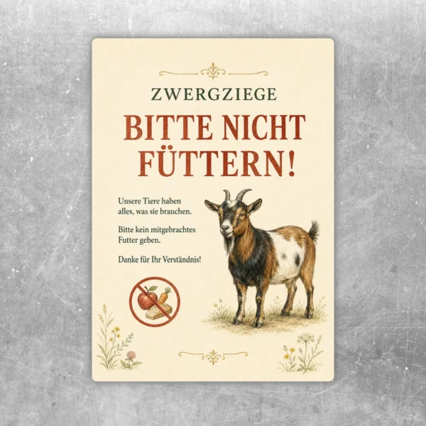 Zwergziege bitte nicht füttern Aufkleber in Beige mit Ziege, klarer Hinweistext und ländlichem Vintage-Motiv für Hof und Gehege.