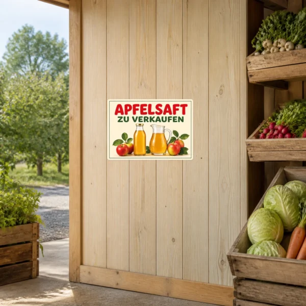 KI-generiertes Anwendungsbeispiel: Querformatiger Apfelsaft zu verkaufen Aufkleber mit Äpfeln, Saftkaraffe und Flasche für den Verkaufsbereich.