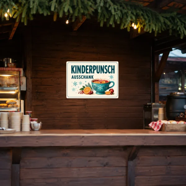 KI-generiertes Anwendungsbeispiel: Kinderpunsch Ausschank Aufkleber im Querformat mit türkisfarbener Tasse, Orangen und Schneeflocken.
