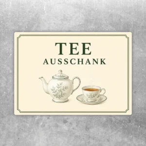Beiger Tee Ausschank Aufkleber mit Teekanne, Tasse und Untertasse in Grün und Braun für Verkaufs- und Cafébereiche.