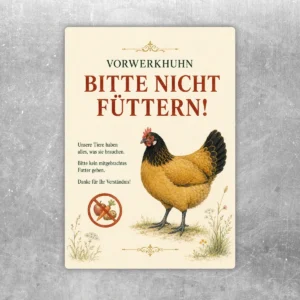 Vorwerkhuhn Bitte nicht füttern Aufkleber mit cremefarbenem Hintergrund, roter Schrift und naturgetreuem Huhn im Hochformat.