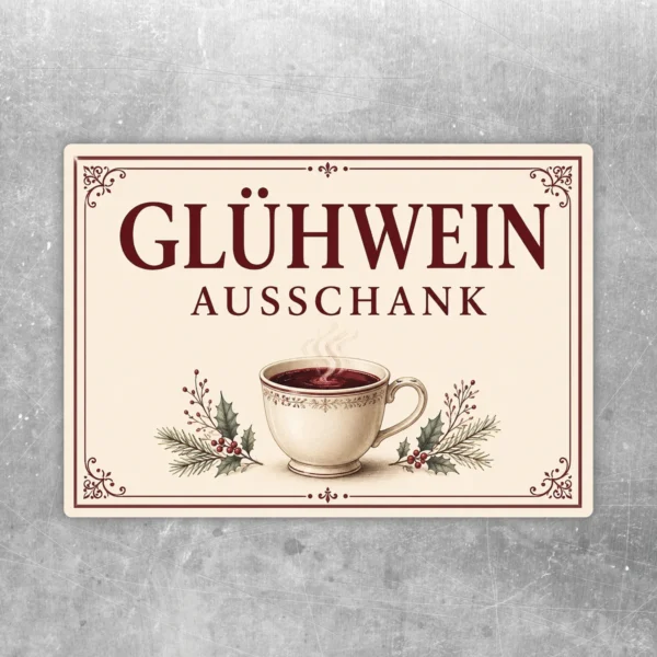 Querformatiger Glühwein Ausschank Aufkleber mit Tasse, Winterzweigen und festlicher Schrift in Beige und Dunkelrot.