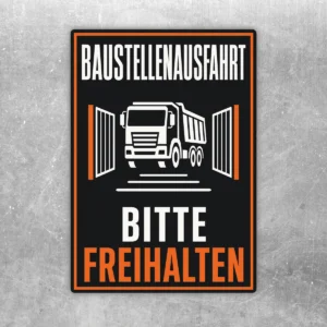 Baustellenausfahrt bitte freihalten Aufkleber im Hochformat mit LKW-Symbol, schwarzem Grund und orangefarbenem Rahmen.