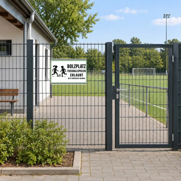KI-generiertes Anwendungsbeispiel: Bolzplatz Fußballspielen erlaubt Aufkleber auf grauem Untergrund mit grünem Rahmen.