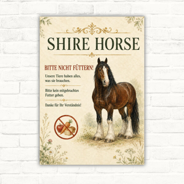 Bitte nicht füttern Schild mit Shire-Horse und Hinweistext, dekoratives Pferdeschild für Stall und Weide.