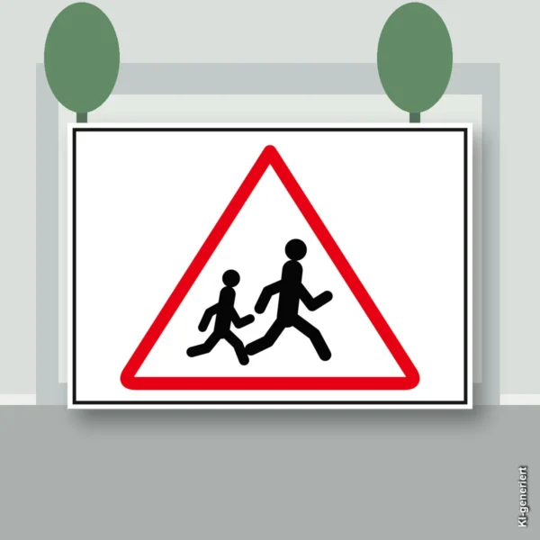 KI-generiertes Anwendungsbeispiel: Querformat-Aufkleber mit rotem Warndreieck und zwei laufenden Kinderfiguren an einer glatten Tür.
