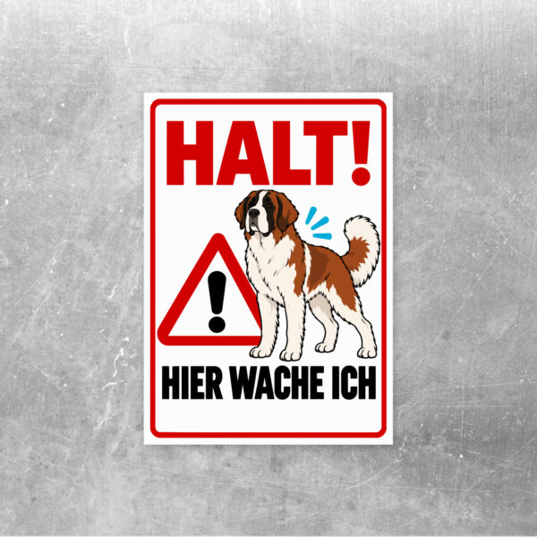 Bernhardiner-Aufkleber mit roter Warnaufschrift „HALT! Hier wache ich“ und deutlichem Hundemotiv.